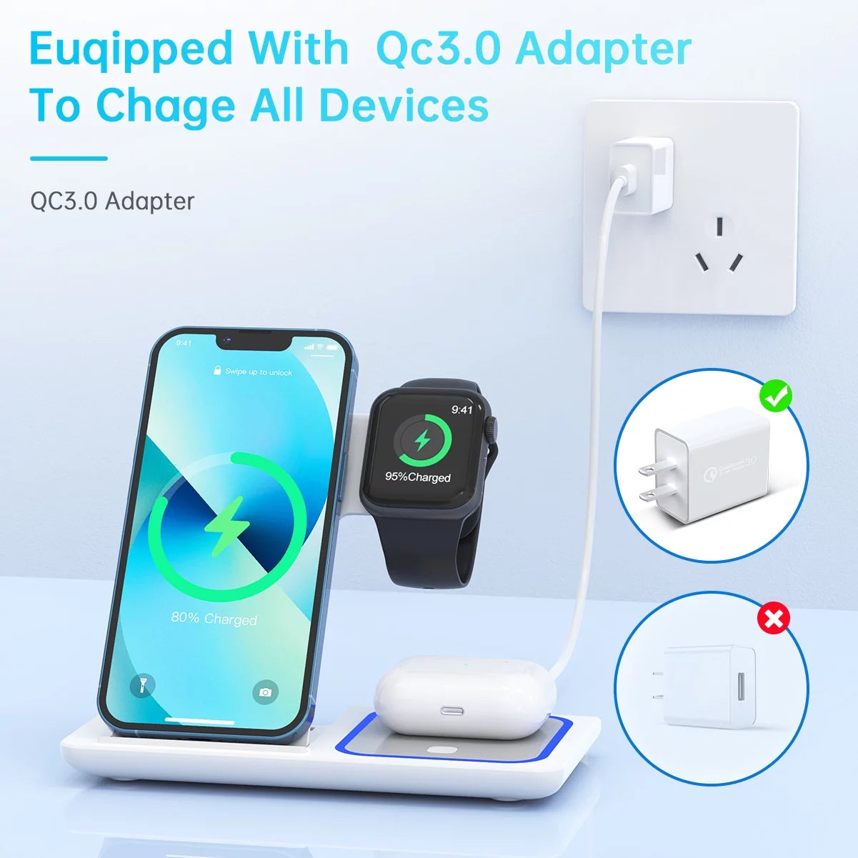 Wireless Charging Station, 18W 3 in 1 Charger Station, Fast Charging Dock Stand for Iwatch Series 11/10/9/8/7/6/SE/5/4/3, Compatible for Iphone 17/16 15 14 13 12 11 Pro Max/Samsung/ Airpod